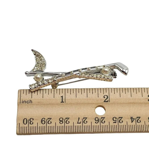 Faux Pearl Clear Rhinestone Crystal Golf Club Flag Ball Brooch Pin Vintage - Picture 5 of 5